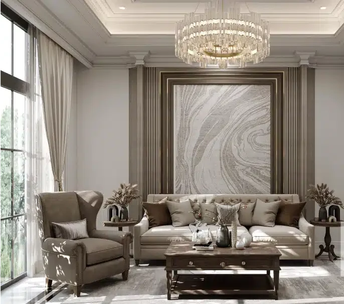 Ruang interior Lifetime Design dengan detail klasik dan material hangat